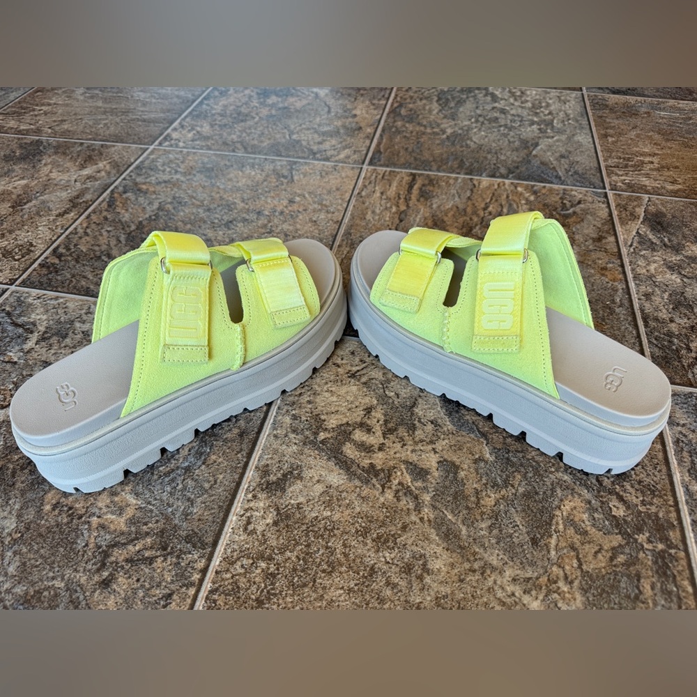 UGG Suede Logo Platform Double Strap Slip-On Slides Sandals- Yellow Tan, 9.5